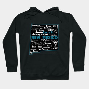 Cute map of Santa Fe New Mexico, Albuquerque Los Alamos, Taos,Roswell Las Cruces Deming Carlsbad Hobbs Silver City Hoodie